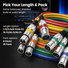 XLR Cables 3Ft 10 Pack, XLR Male to Female Microphone Cable, Balanced Shielded M