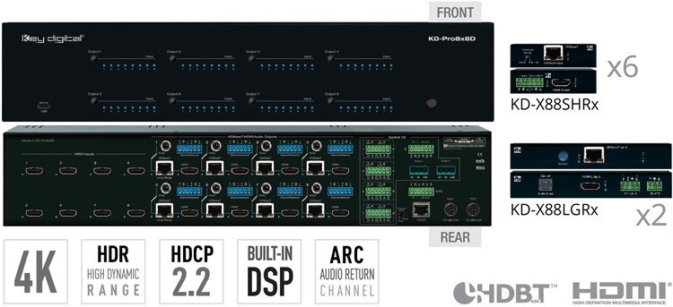 NEW KEY DIGITAL KD-PRO8x8D 8X8 HDMI MATRIX SWITCHER 4K POH HDBT INTEGRATED AUDIO