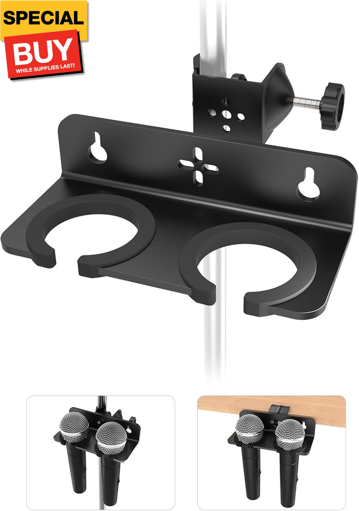 Multi Microphone Holder with Universal Clamp, Securely Holds 2 Wired or Wireless
