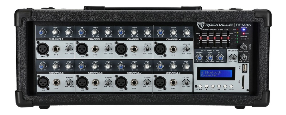 Rockville RPM85 2400w Powered 8 Channel Mixer, USB, 5 Band EQ, Effects/Bluetooth