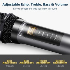 Bietrun Wireless Microphones with Echo,Treble,Bass&Bluetooth,160FT Range,Port…