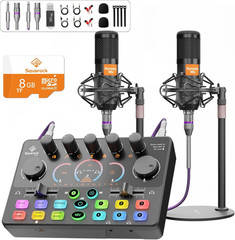 Podcast Equipment Bundle for 2, Audio Mixer with 8GB Memory Card and Dynamic Mic