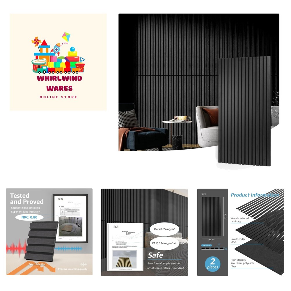 Elegant Matte Black Acoustic Panels – 2 Count Wood Slat Wall & Ceiling Upgrade