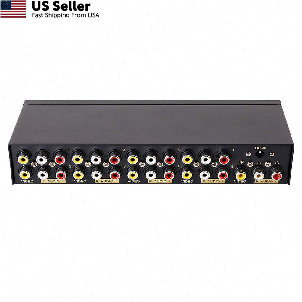 DTECH Powered 8 Way 3 RCA Splitter Box 1 in 8 Out 8 Port Splitter, Black