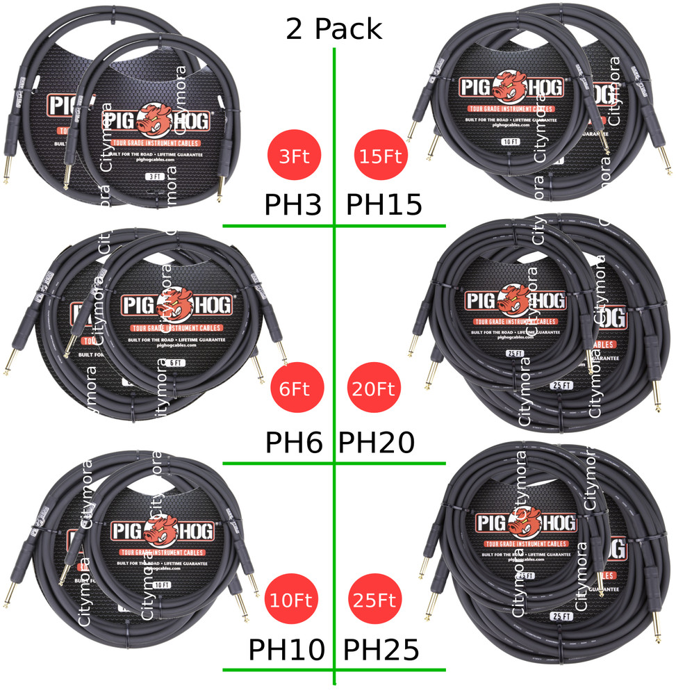 2 Pack Pig Hog PH3/6/10/15/20/25 Straight Guitar Cord 8mm Instrument Patch Cable