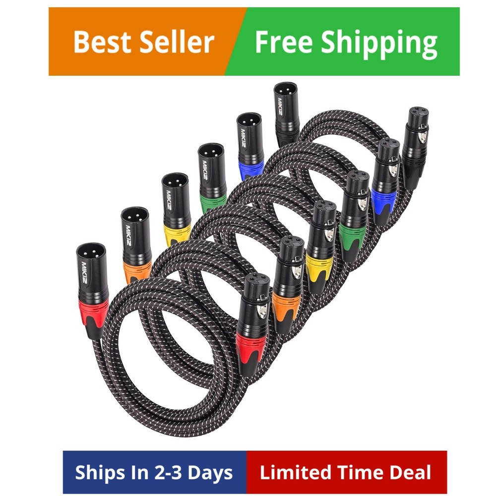 XLR Cables Braided 15 Feet 6 Pack for Microphone – 3-Pin XLR Male to Female A…
