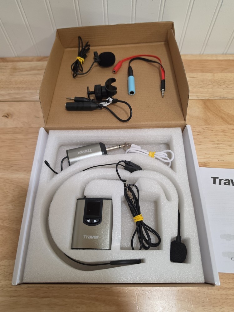 Travor Wireless Headset Microphone System with Receiver Transmitter Silver Black