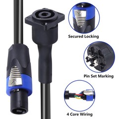 3 Feet Speakon Male Plug to Female Socket Cable 4 Conductor Pro Panel Mount Wire