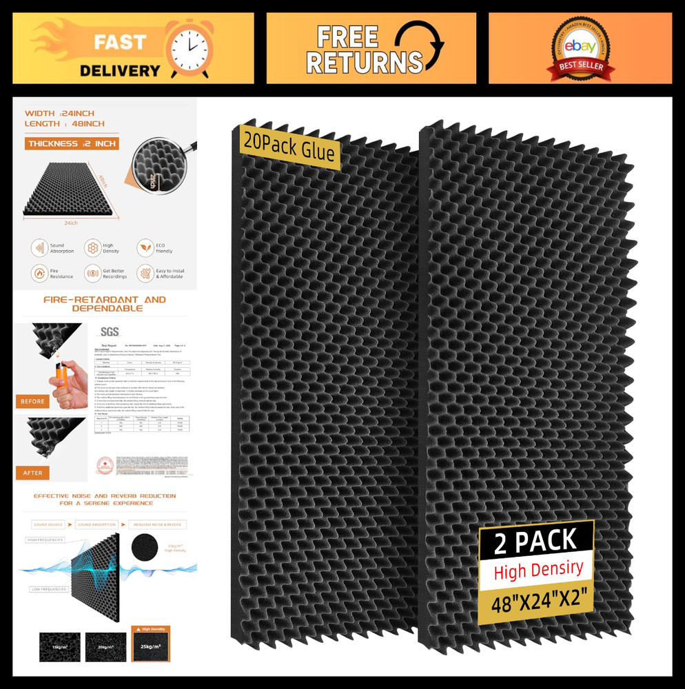 2 Pack Soundproof Foam Panels 48″x24″x2″ – High Density Egg Crate Pads for Home