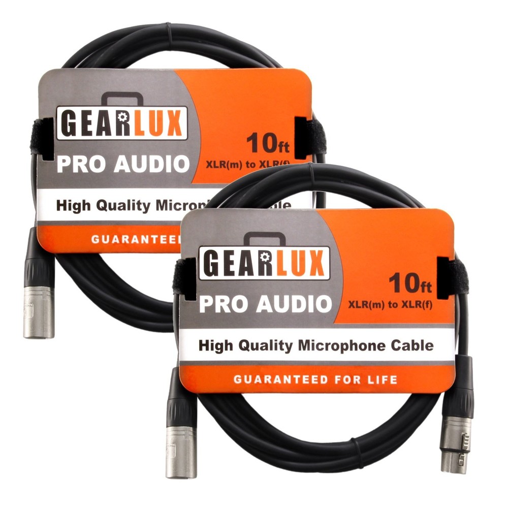 Gearlux XLR Microphone Cable, Fully Balanced, Male to Female, 10 Ft, 2 Pack