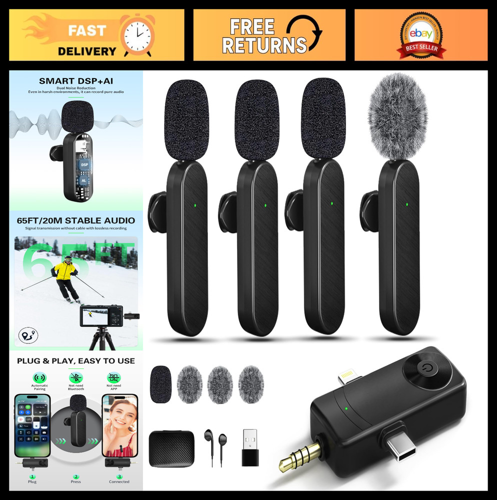 Wireless Lavalier Microphones for iPhone, Android, Camera & PC – 4 Mics for Vlog