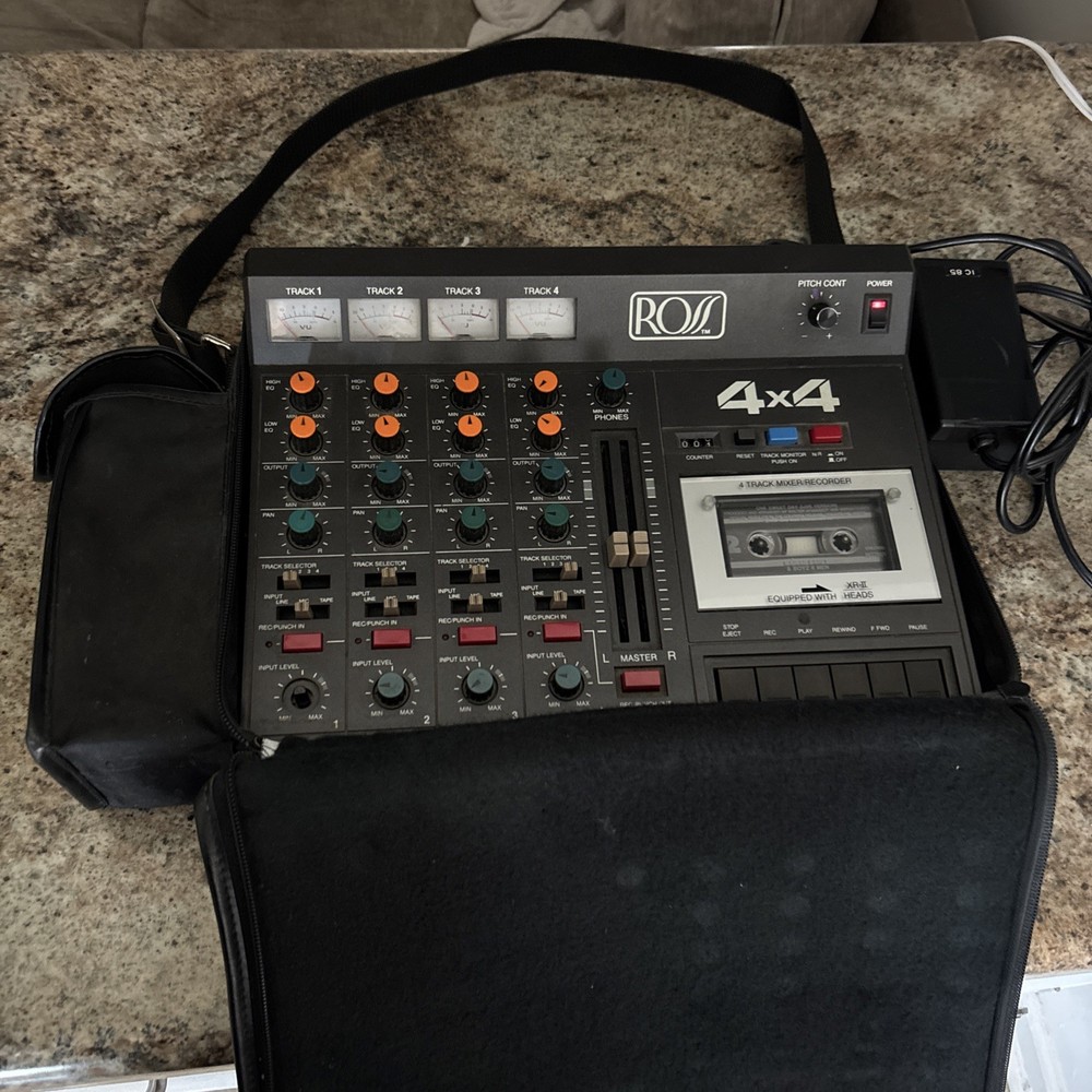 ROSS 4×4 4-Track Mixer Recorder Deck Cassette Player w/Power Supply and Case