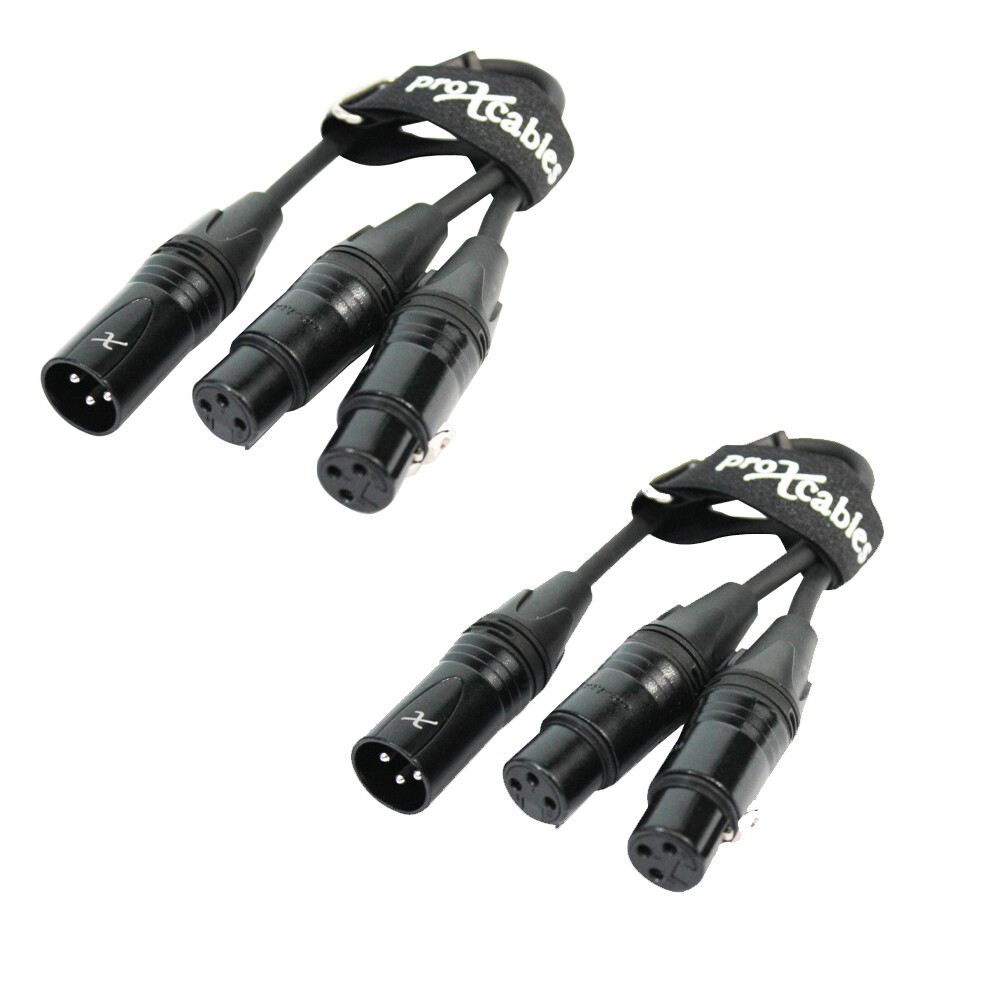 Pro X 2 Pack of XC-YXM 6 In. Balanced XLR-M to Dual XLR-F Y Cables