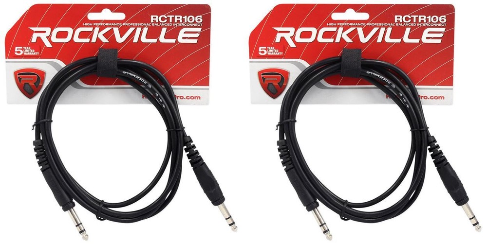 2 Rockville RCTR106B Black 6′ 1/4“ TRS to 1/4“ TRS Cable 100% Copper