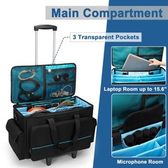 Large Rolling DJ Cable Bag, Padded Gig Bag with Detachable Trolley & Divider, Mu