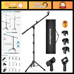 Adjustable Tripod Boom Microphone Stand, Heavy Duty with Carry Bag & Clips for P