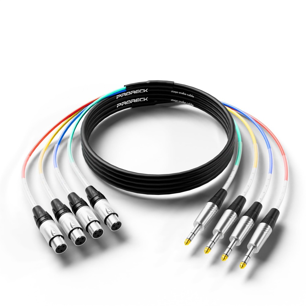 PRORECK 15ft Snake Cable, 4-Channel Shielded Audio Cable 1/4“ TRS to XLR Fem…