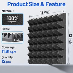 12 Pack Pyramid Sound Proof Foam Panels for Walls with 2 Inch 12 Pack, Black