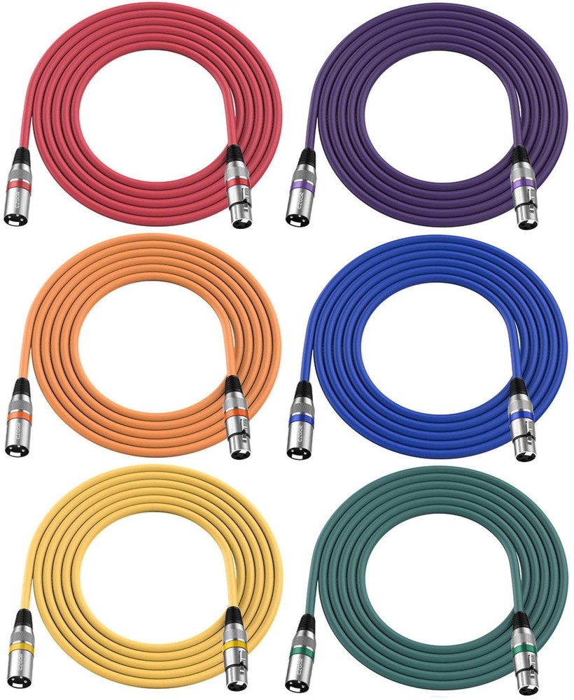 6 Pack 10 ft XLR Microphone Cables Multi-Color 3-Pin Male to Female Cords