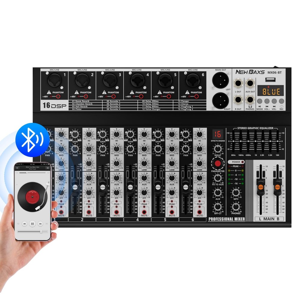 6Channel Audio Mixer with Bluetooth, DSP Effects & 48V Phantom Power