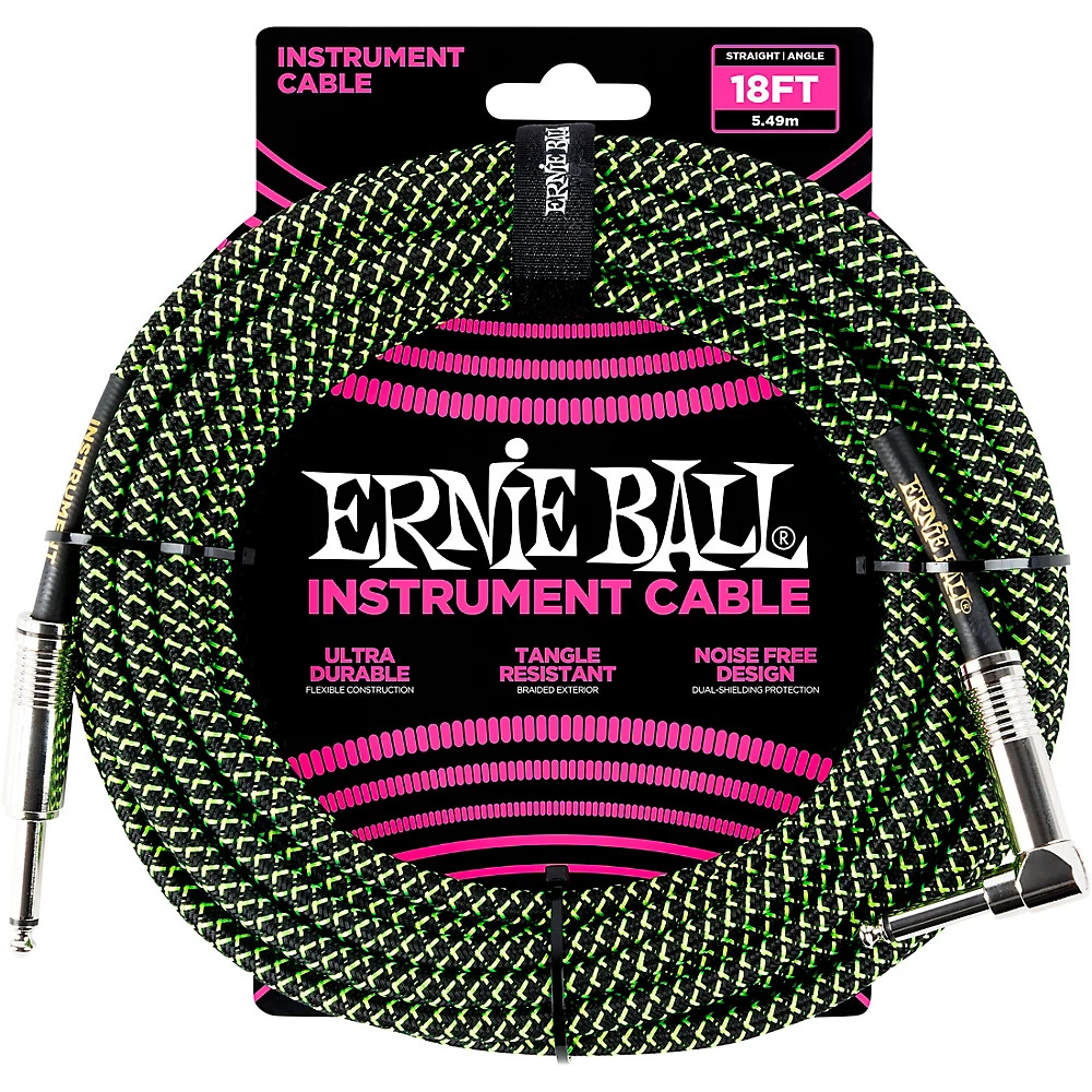Ernie Ball 18′ Straight to Angle Braided Instrument Cable Black and Green