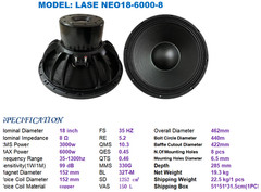 LASE NEO18-6000-8 ‎Neodymium 18″ Low Frequency Bass Woofer Speaker 6″ VC 8Ω