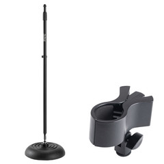 Quarter-Turn Round-Base Microphone Stand Heavy Duty + Wireless Vocal Mic Clip