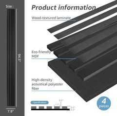 Black Acoustic Panels High-Density Wood Laminate MDF 94.5×7.9in 4 Pack