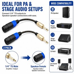 Professional Speaker Cable Adapters (2-Pack) – 1/4″ TS Male to Speakon