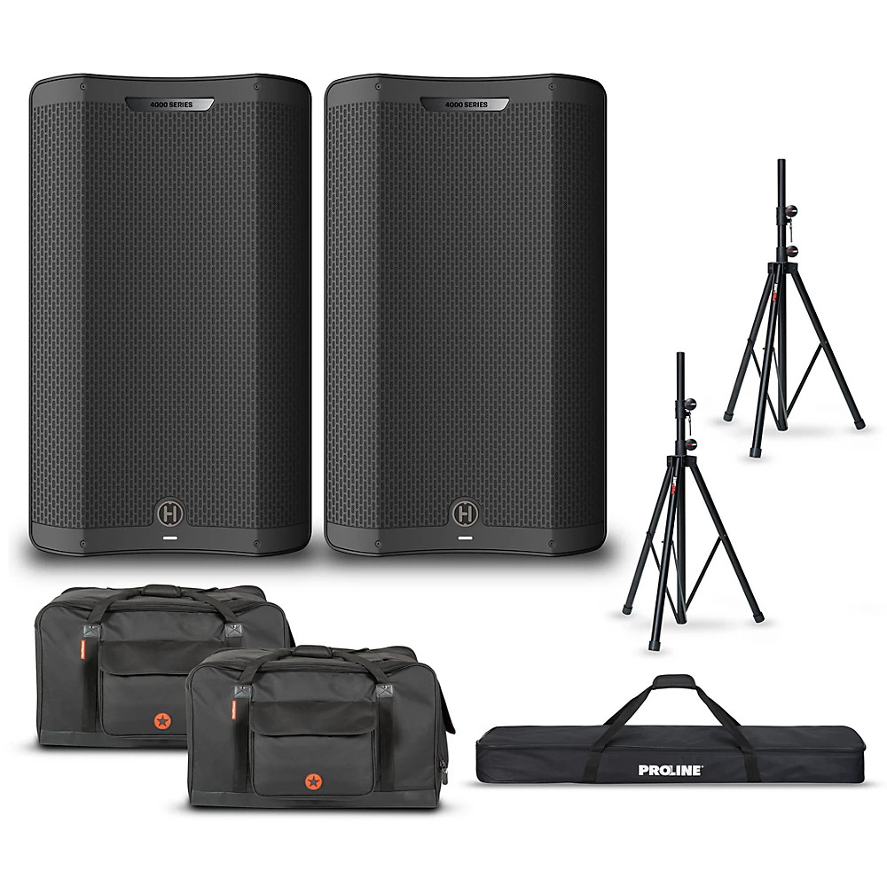 Harbinger VARI V4415 15″ Powered Speakers Package With Bags and Stands