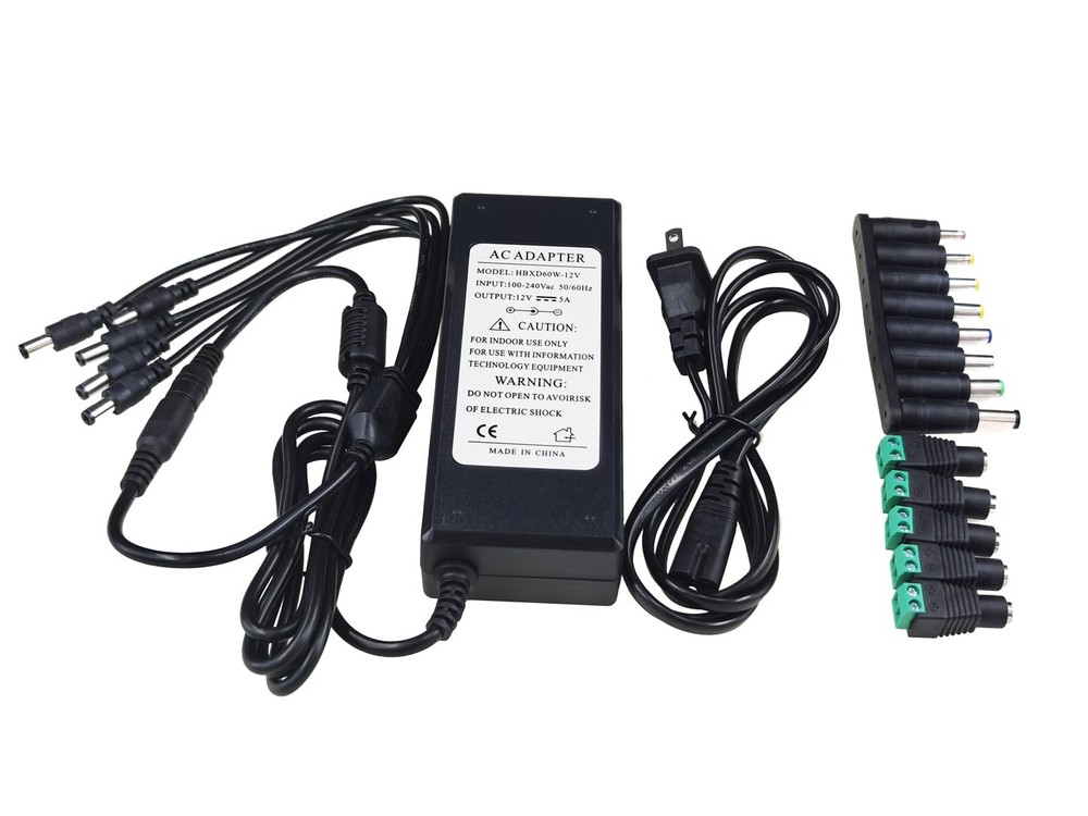 DC Power Adapter 12V 5A 5-Way Splitter with Multiple Conversion Heads