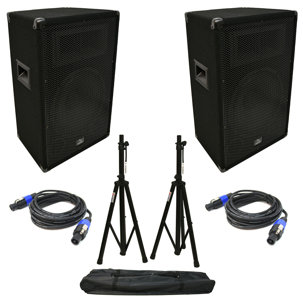 (2) Harmony Audio HA-V12P DJ 12″ Passive 450W PA Speaker Speakon Cables & Stands