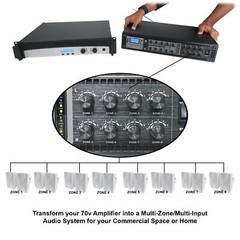 Rockville PRE-70V 70V Stereo Preamp Mixer with 6 Zones, Bluetooth/Optical/Mic In