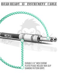 Mophead 15′ Braided 1/4″ TS to 1/4″ TS Guitar Cable Right Angle Green/White