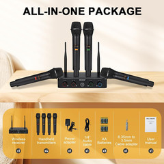 4-Channel Wireless Microphone System, UHF Compact Cordless Mic Set W/ 4X10 Frequ