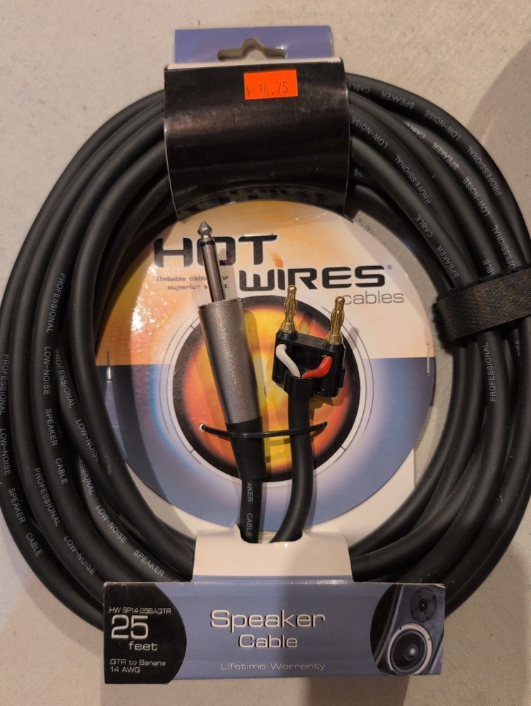 Hot Wires Speaker Cable, 25 Ft, Qtr To Banana 14 AWG HW SP14-25BAQTR