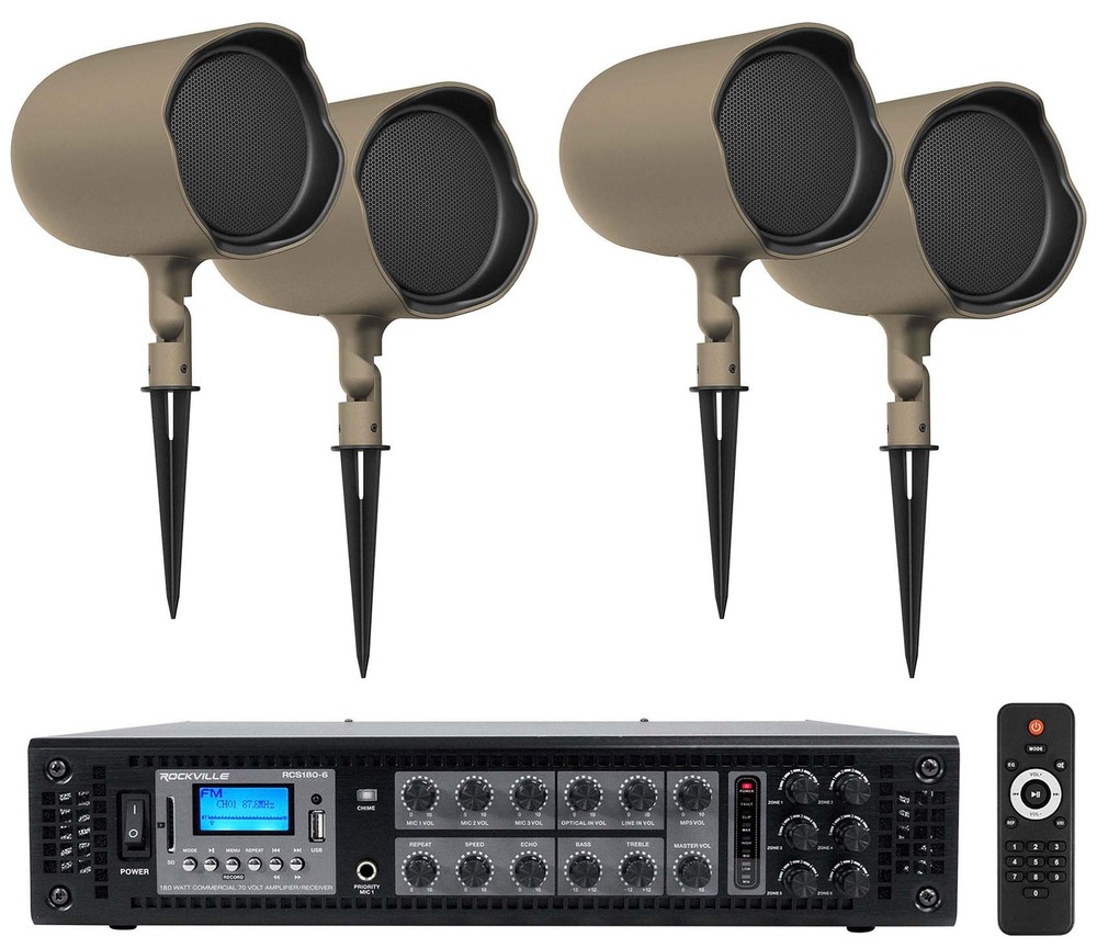 4 JBL GSF6-TN 6.5″ Landscape Ground Stake/Wall Mount 70v Commercial Speakers+Amp