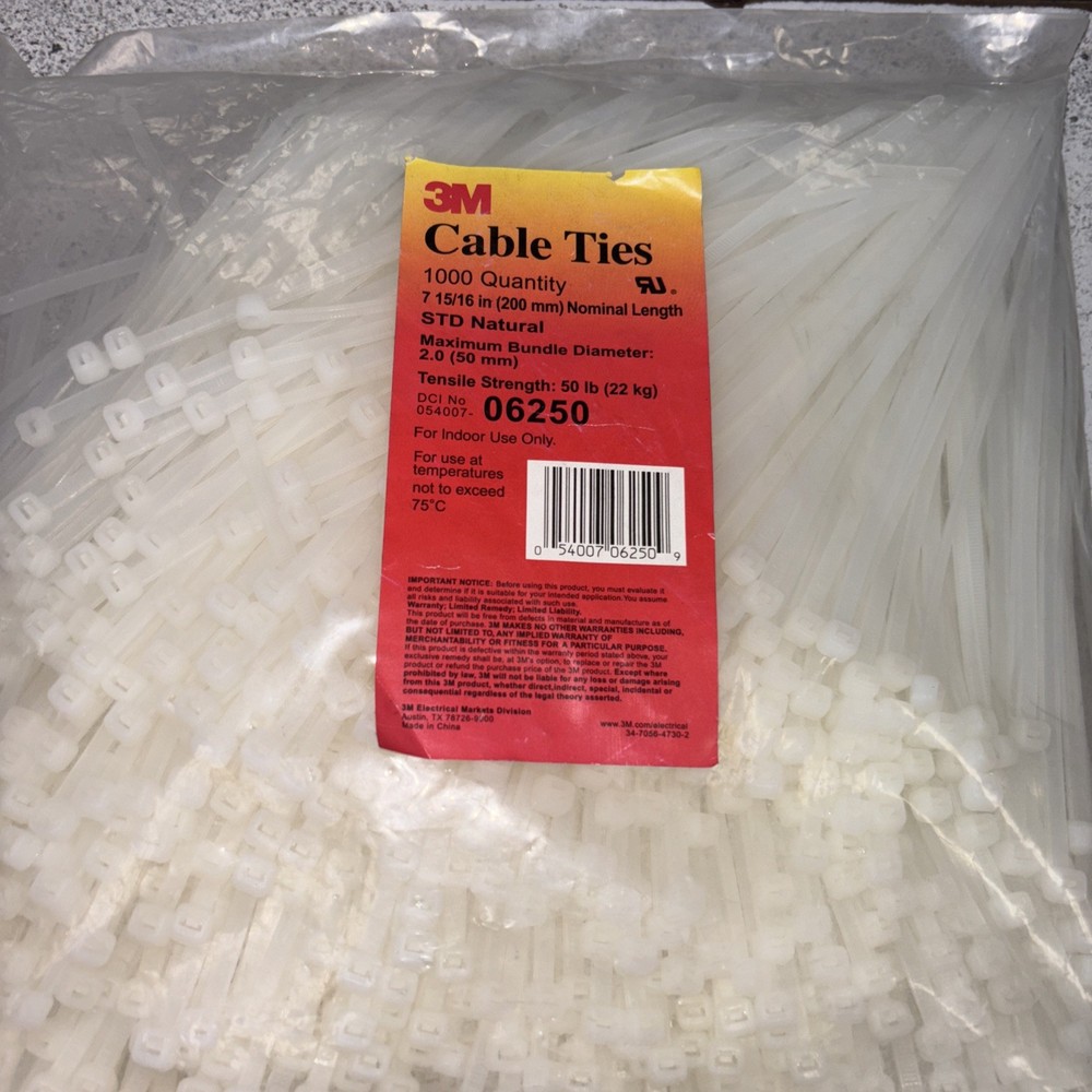 Cable Ties 7 15/16” Natural 1000 Pcs. 3M 06250 50 POUND TENSILE STRENGTH