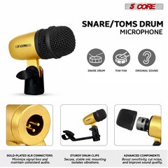 5 Core Drum Microphone Kit 7Pc All Metal Drummer Mics Tom/Snare & Cymbals Wired