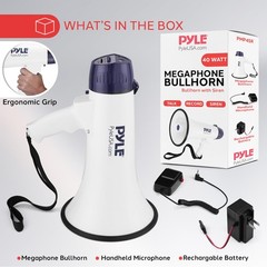 Pyle Megaphone Speaker PA Bullhorn with Built-in Siren – 40 Compact, White
