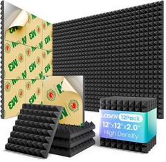Acoustic Wall Panels 12 Pack Self-Adhesive Soundproof Foam 2x12x12 Inches Black