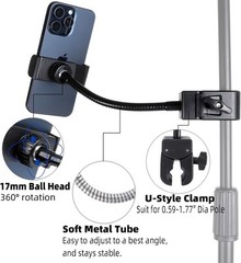 Mic Stand Phone Holder, Flexible Mount with 7.9″ Removable Clip