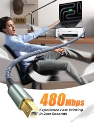 Printer Cable Nylon Braided USB 2.0 Cord Type A To Computer 6.6FT Grey Wire