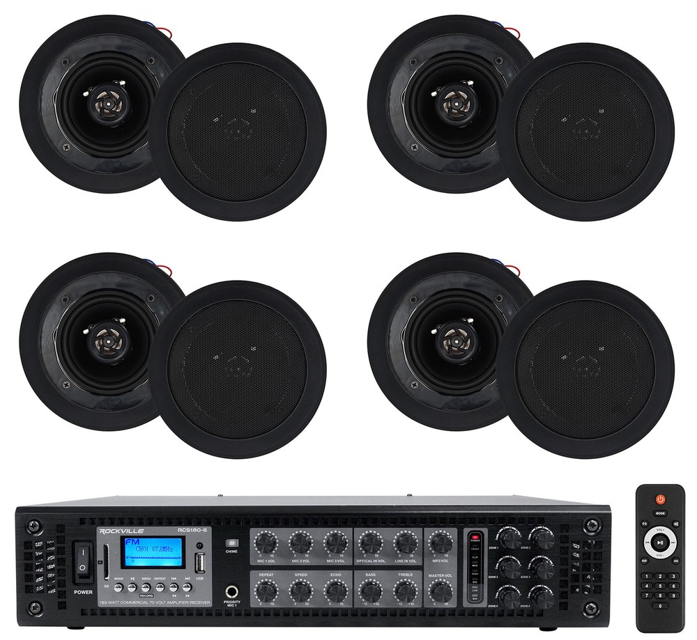Rockville RCS180-6 70v Commercial Amplifier w/Bluetooth+(8) 4″ Speakers in Black