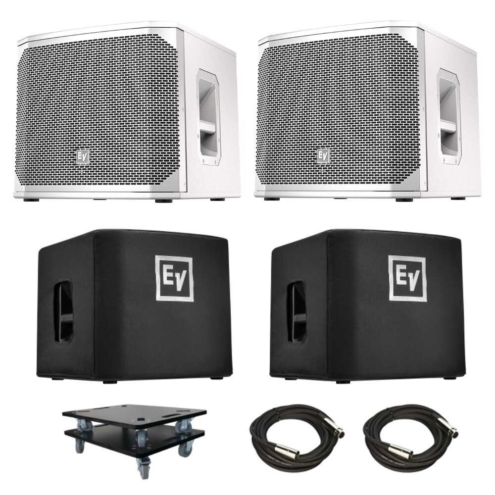 2x EV ELX200-12SP White 12″ powered subwoofers with covers and dollies
