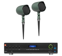 (2) JBL GSF3-GN 6.5″ Landscape Ground Stake/Wall 70v Commercial Speakers+Amp
