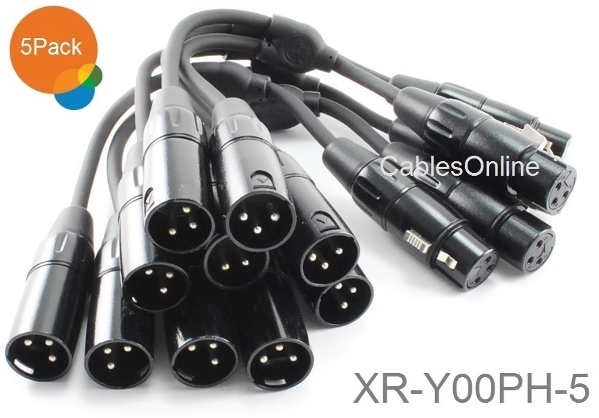 5-Pack 6-inch Pig-Hog XLR (3-Pin) Female Jack to 2-XLR Male Y-Splitter Cables
