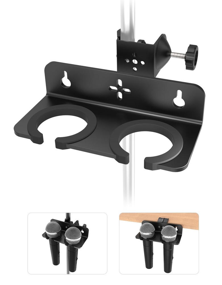 Multi Microphone Holder Clamp For Mic Stand Desk Wall Fits 2 Mics