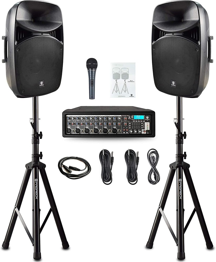 PRORECK MX15 PA System Mixer Bluetooth Powered Amp with Stands/Mic 15 inch 2500W