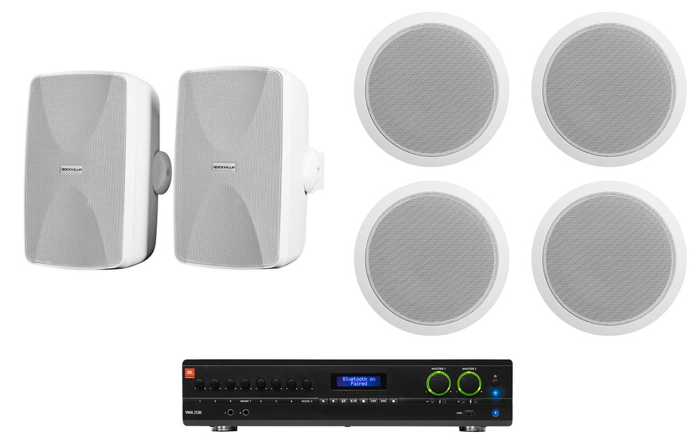 JBL VMA2120 2-Ch Commercial 70V Amplifier+(2) Wall+(4) Ceiling Speakers in White
